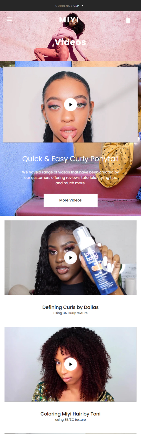 The MIYI Hair videos page on mobile, listing customer tutorials with play buttons